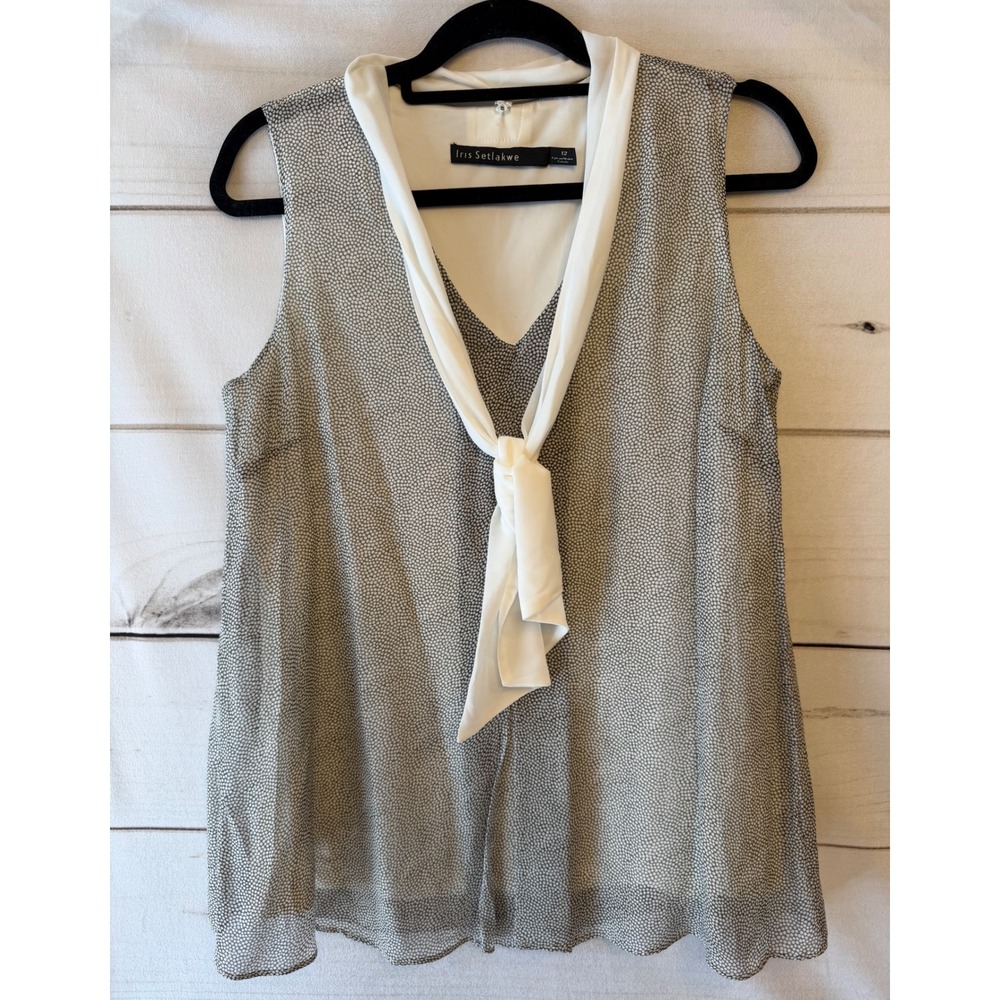Iris Setlakwe Womens Grey White Dot Tie Neck Sleeveless Blouse Top Size 12